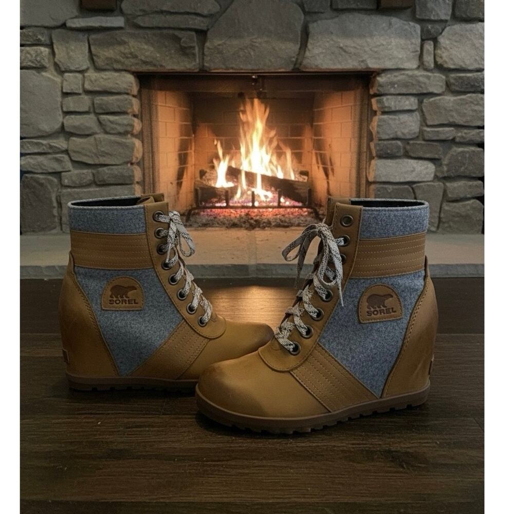 Sorel Lexie Wedge Leather Boot Womens Size 8.5 Camel Tan Gray Lodge Snow Rugged